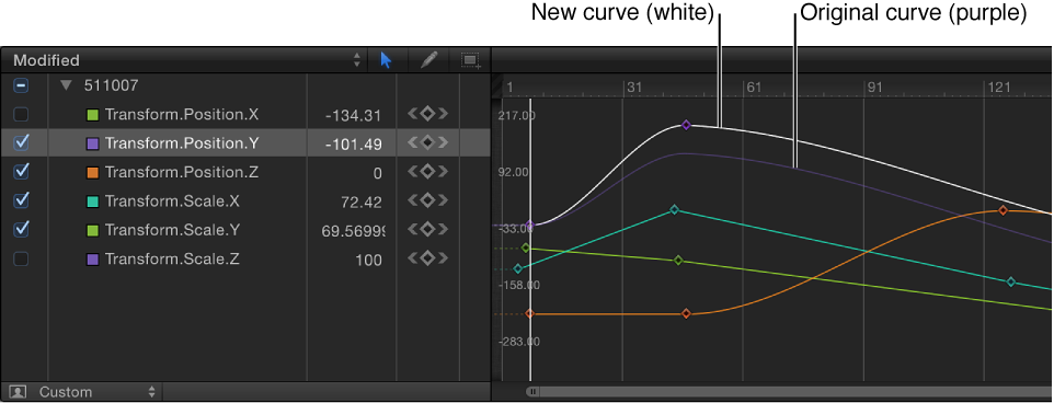Keyframe Editor showing a new curve compared to the snapshot curve