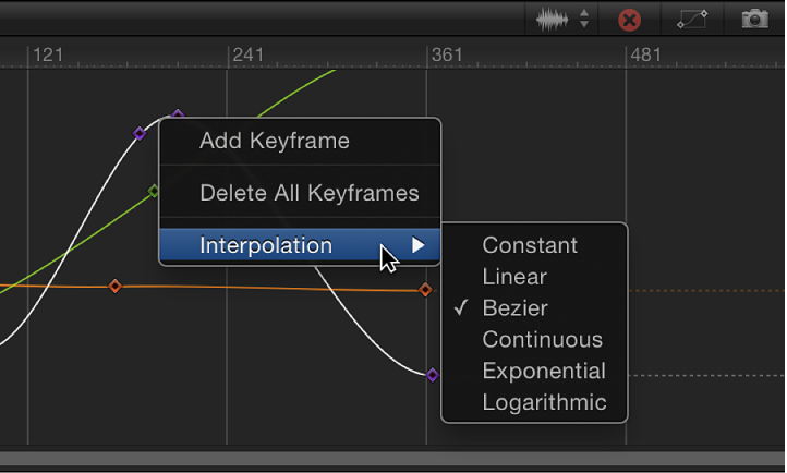  Keyframe Editor showing Interpolation submenu for curve segment