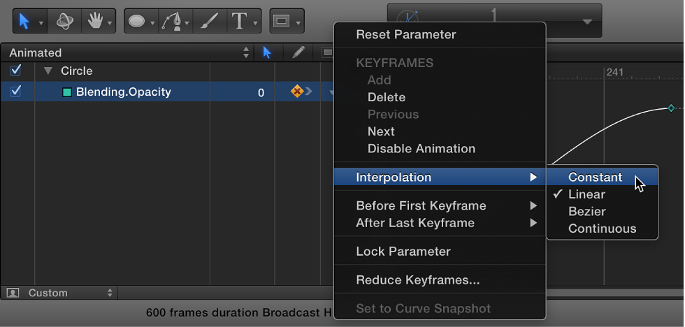 Changing interpolation method for an entire parameter using Animation menu in Keyframe Editor