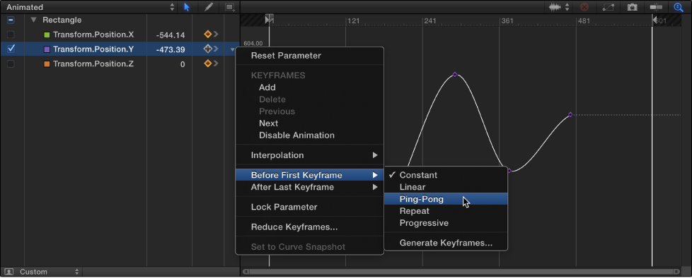 Keyframe Editor showing Before First Keyframe submenu of Animation menu