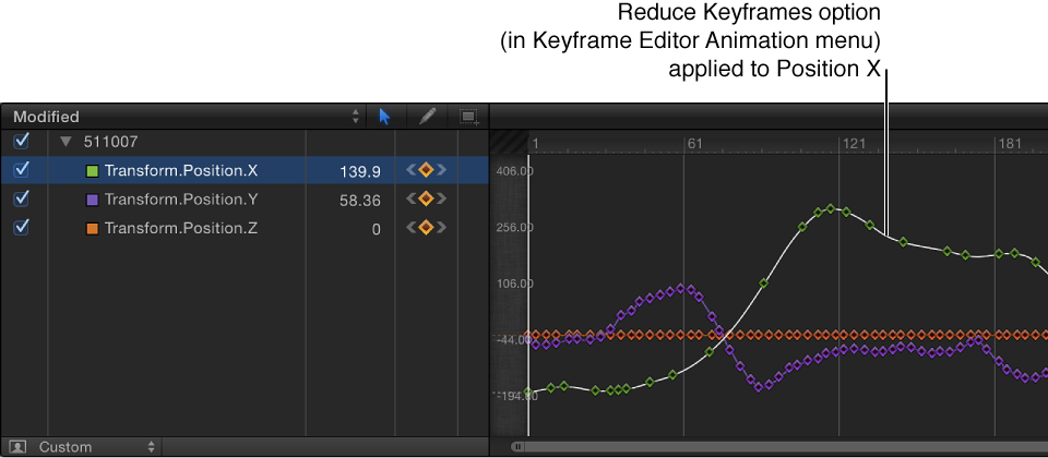 Keyframe Editor showing parameter with reduced keyframes