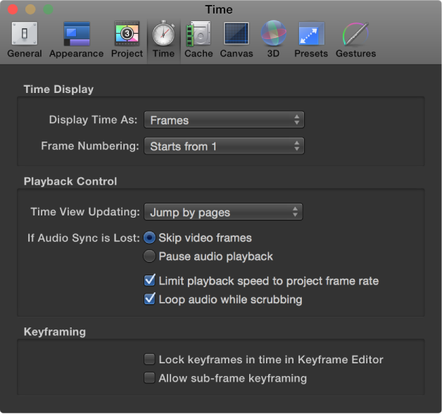 Figure. Motion Preferences window showing Time pane