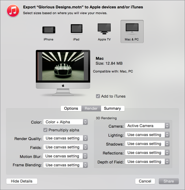 Render options in Render pane of Share window
