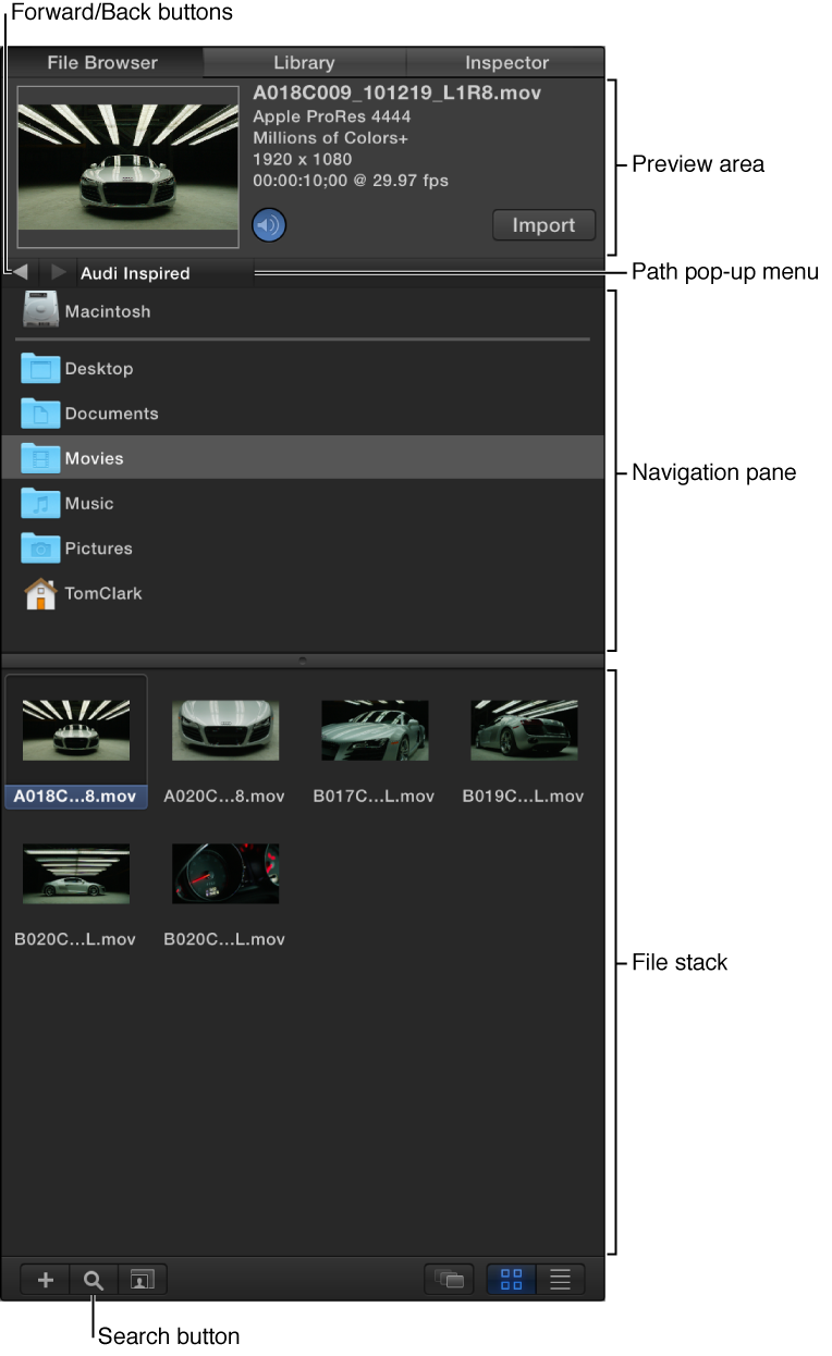 Areas of the File Browser: Preview area, forward and back buttons, path pop-up menu, navigation pane, search button, and the file stack