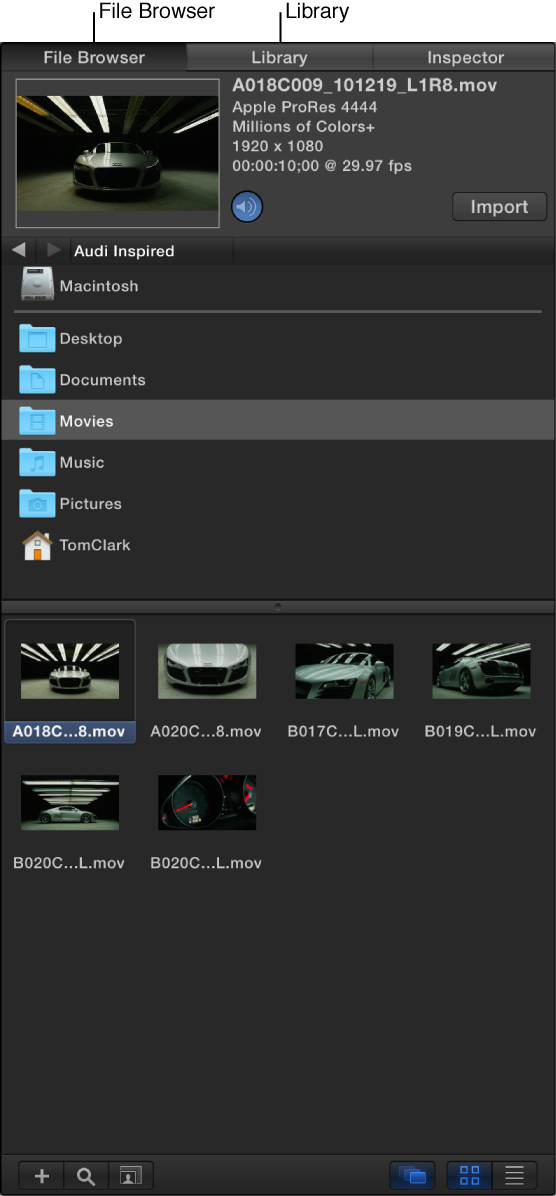 File Browser showing selected movie clip and callout to the Library pane
