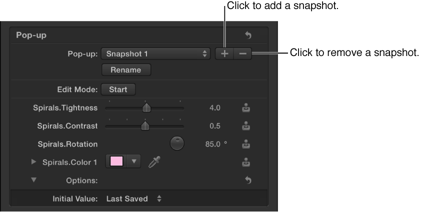 Inspector showing buttons to add and remove snapshots