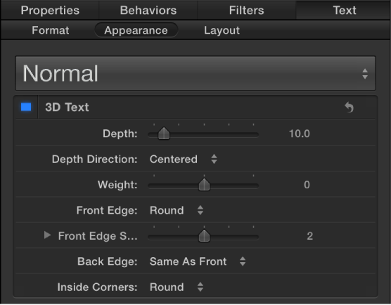 3D Text controls in the Appearance pane of the Text Inspector
