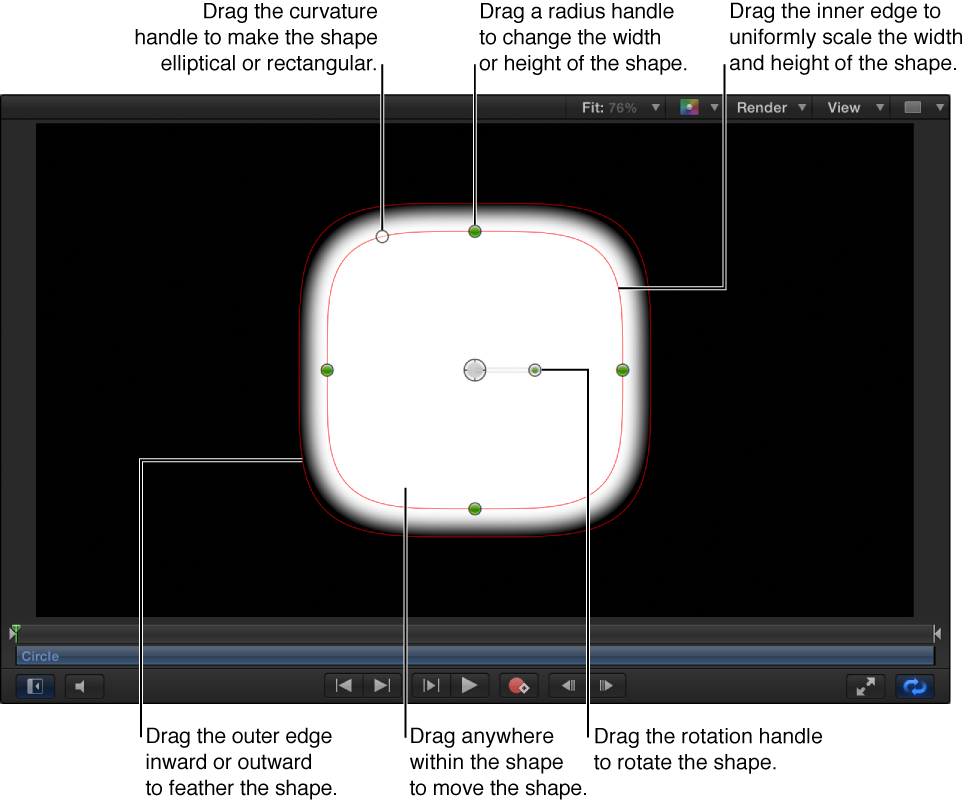 Onscreen controls to scale, feather, adjust curvature, and rotate a simple shape