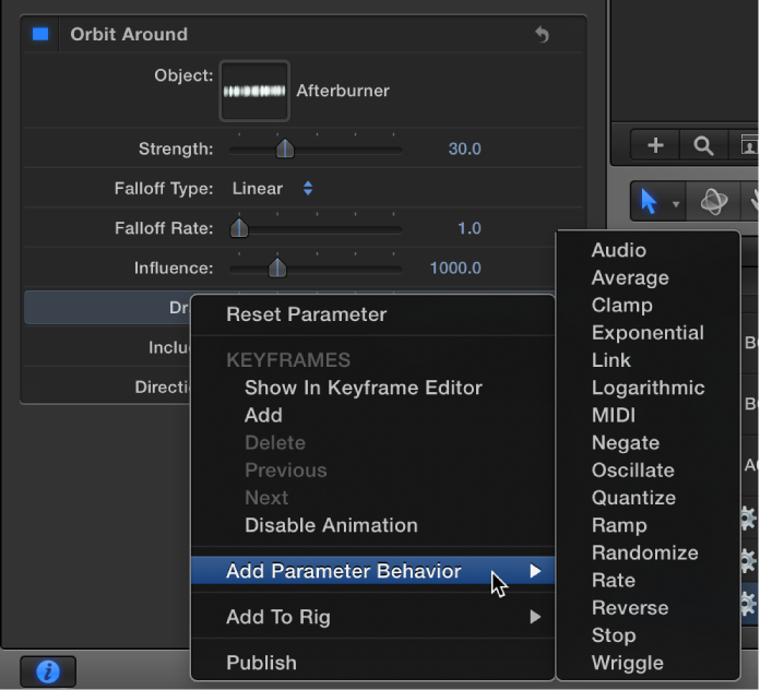 Adding a Parameter behavior via Control-clicking a parameter name in the Inspector