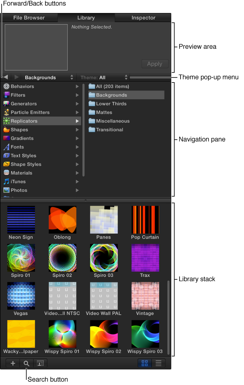 Areas of the File Browser: Preview area, forward and back buttons, path pop-up menu, navigation pane, search button, and the Library stack