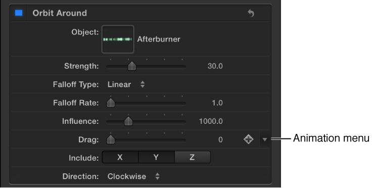 Animation menu icon in the Inspector
