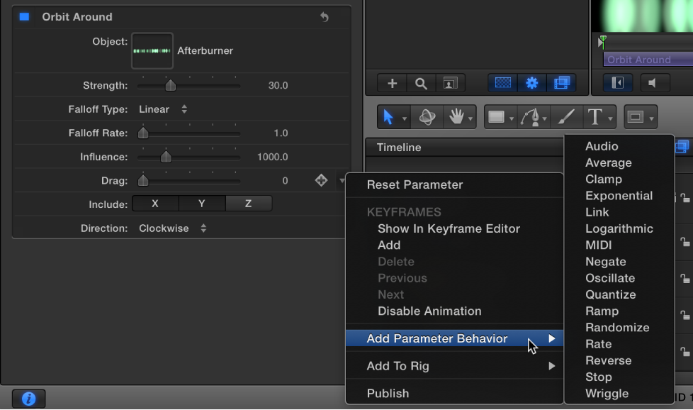 Add Parameter submenu in the Animation menu