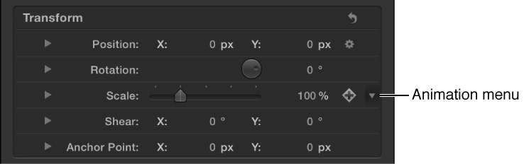 Animation menu icon in the Inspector