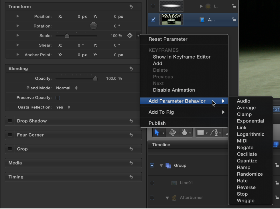 Add Parameter submenu in the Animation menu