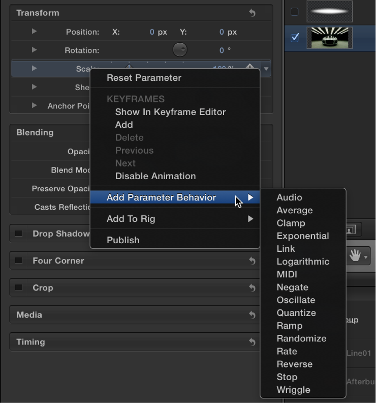 Choosing "Add Parameter Behavior" from the parameter shortcut menu