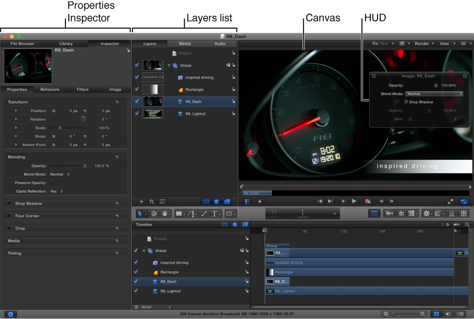 Motion interface showing Properties Inspector, Layers list, Canvas, and HUD
