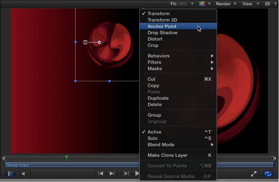 Shortcut menu in the Canvas