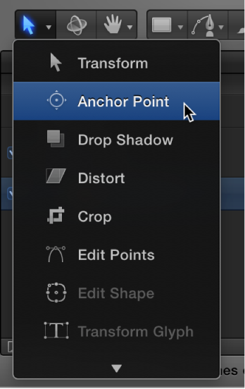 Selecting the Anchor Point tool from the 2D transform tools pop-up menu