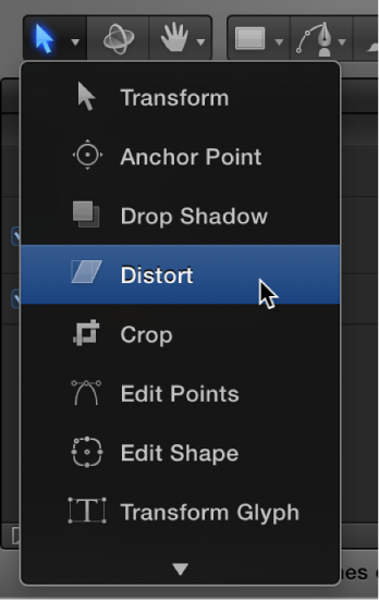 Selecting the Distort tool from the the 2D transform tools pop-up menu
