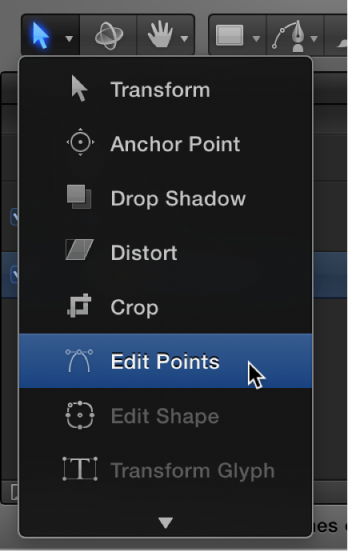 Selecting the Edit Points tool from the 2D transform tools pop-up menu
