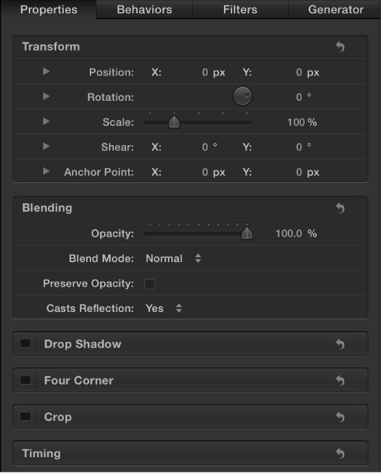 Properties Inspector for a generator