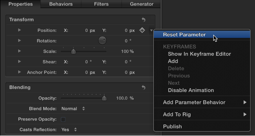 Reset parameter in the Animation menu