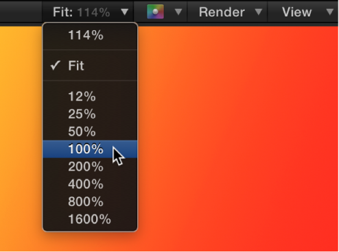 Zoom Level pop-up menu in the Canvas