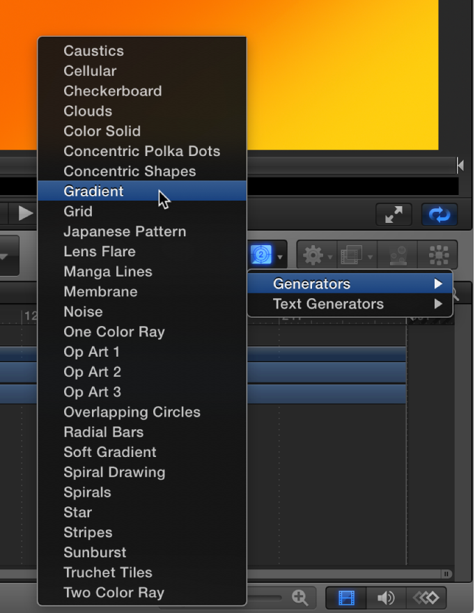 Selecting a generator from the Add Generator pop-up menu in the toolbar