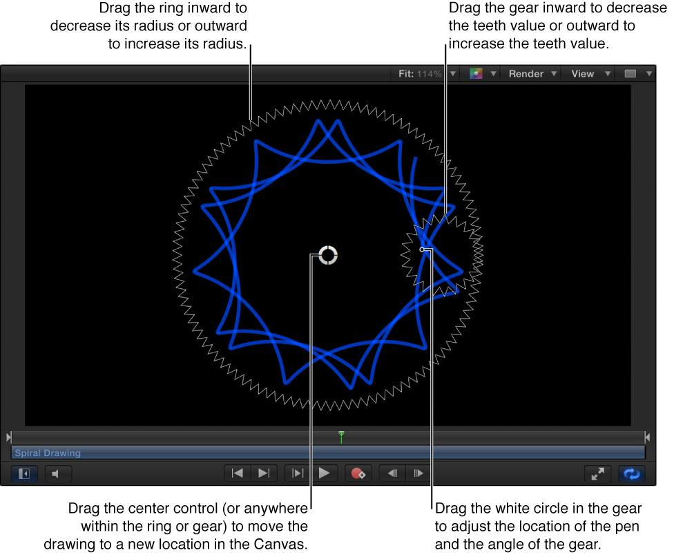 Canvas showing Spiral Drawing onscreen controls