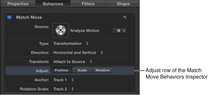 Match Move Inspector showing the Adjust parameters