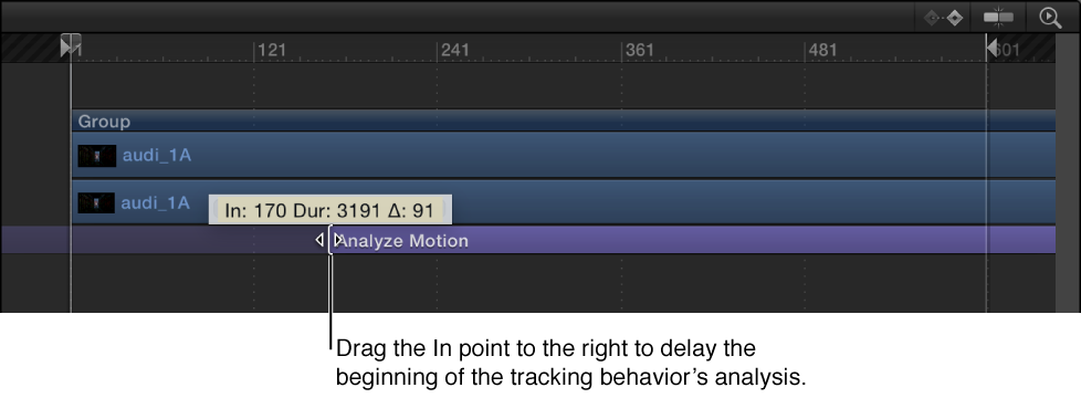 Adjusting the In point of a behavior in the Timeline