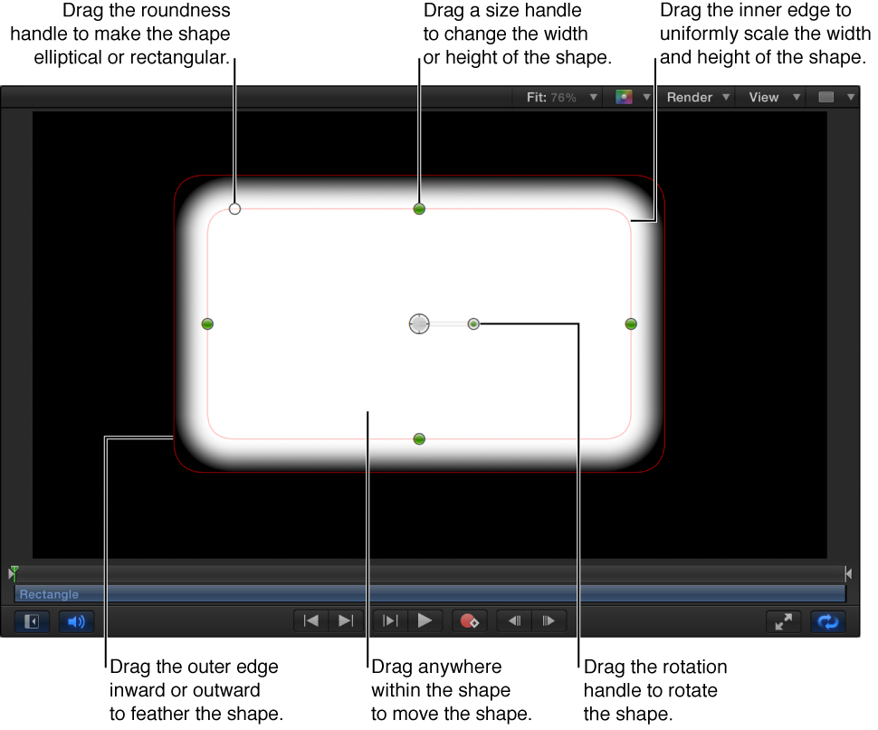 Onscreen controls to scale, feather, adjust roundness, and rotate a simple shape