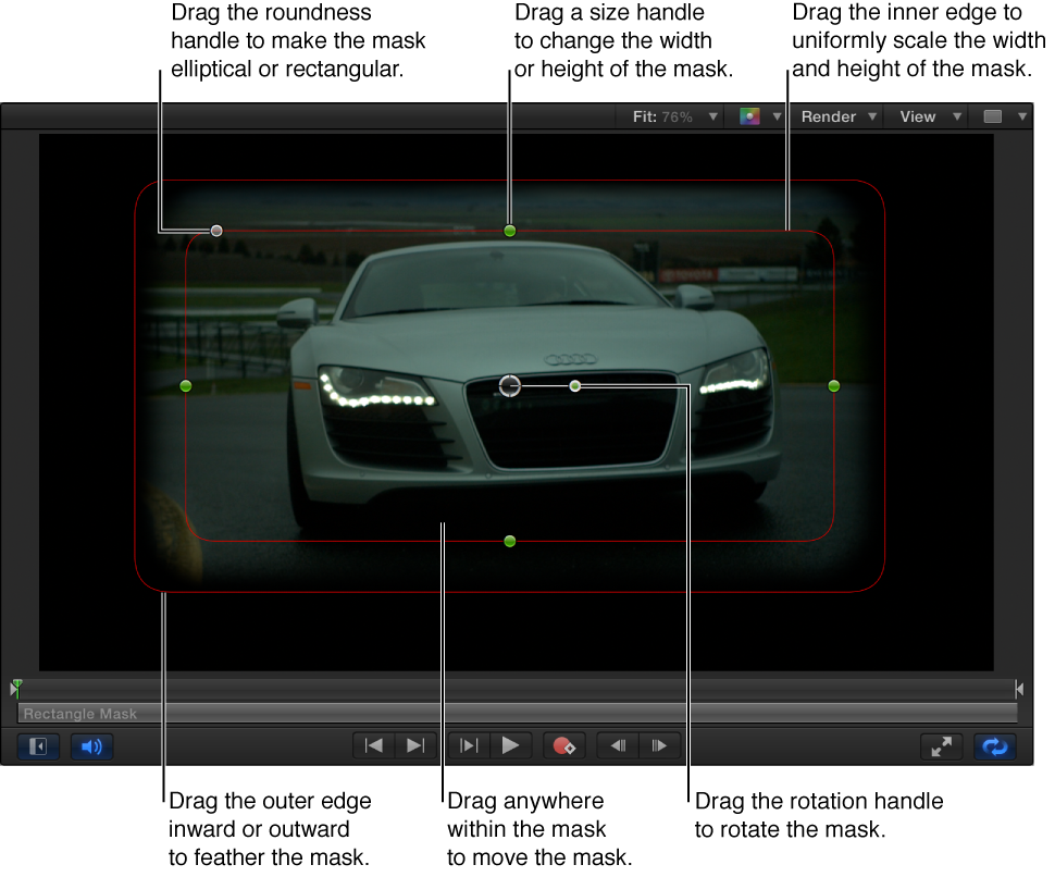 Onscreen controls to scale, feather, adjust roundness, and rotate a simple mask