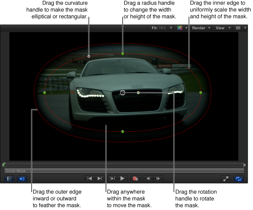 Onscreen controls to scale, feather, adjust curvature, and rotate a simple mask