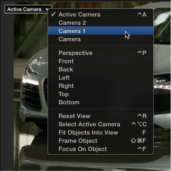 Choosing another scene camera from the Camera pop-up menu in the Canvas