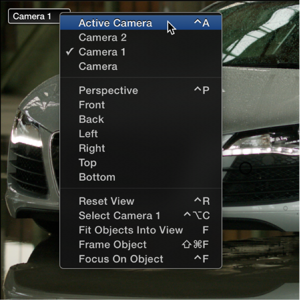 Choosing Active Camera from the Camera pop-up menu in the Canvas