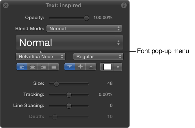 Text HUD showing the Font pop-up menu
