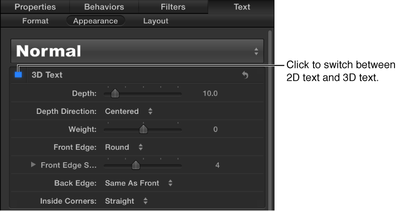 3D Text activation checkbox in the Appearance pane of the Text Inspector