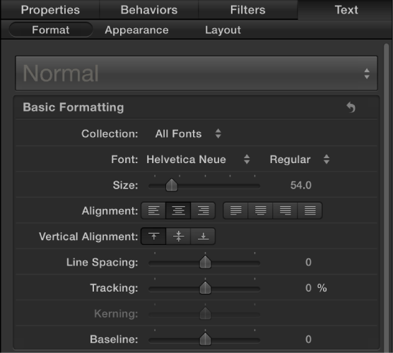 Basic Formatting controls in the Format pane of the Text Inspector