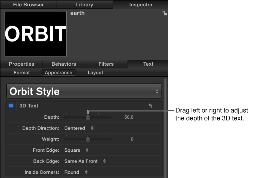 3D Text Depth parameter in the Appearance pane of the Text Inspector