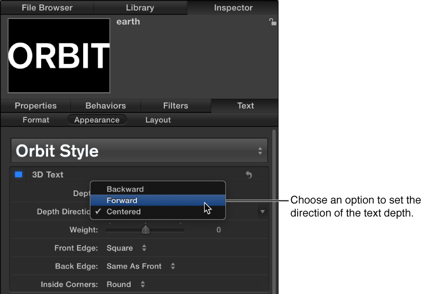 Appearance pane of the Text Inspector showing options in the Depth Direction pop-up menu