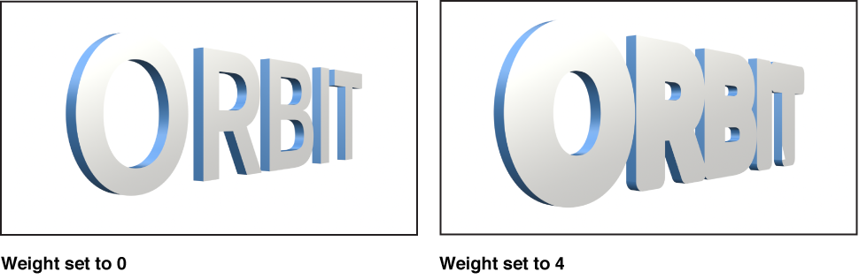 Canvas showing 3D text with Weight set to 0 and 3D text with Weight set to 4