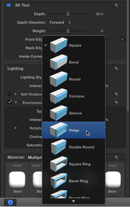  Inspector showing 3D text Front Edge shape options