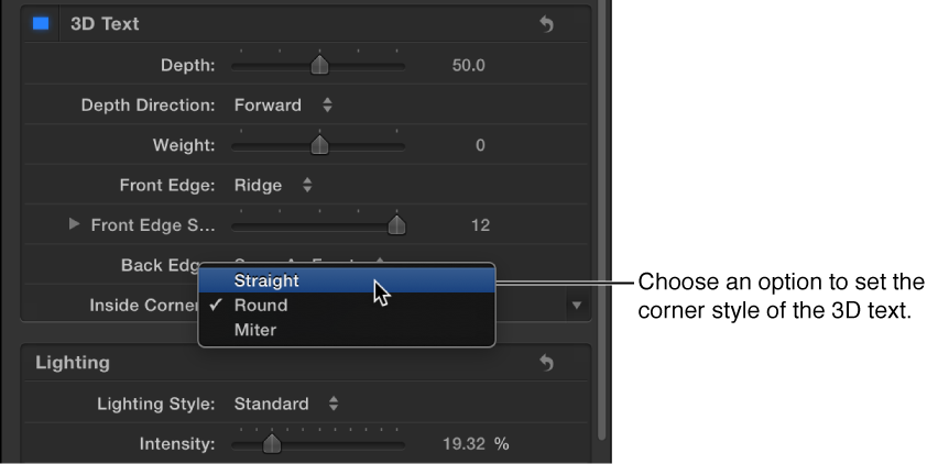 Appearance pane Text Inspector showing options in the Inside Corners pop-up menu