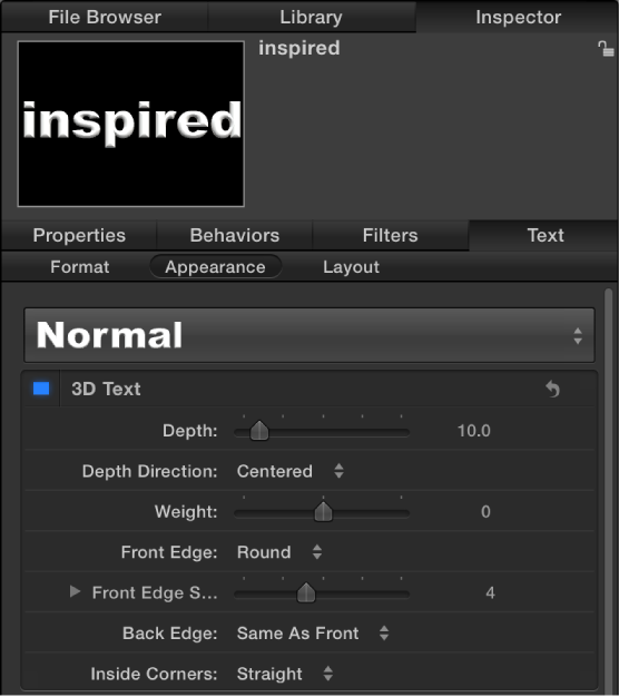 3D Text parameters in the Appearance pane of the Text Inspector