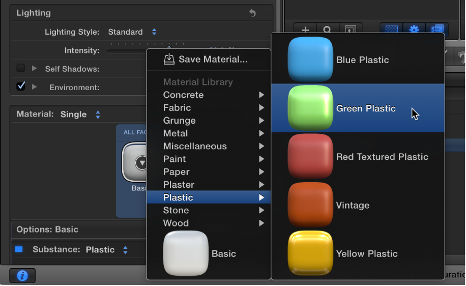 3D Text Inspector showing Material preset pop-up menu
