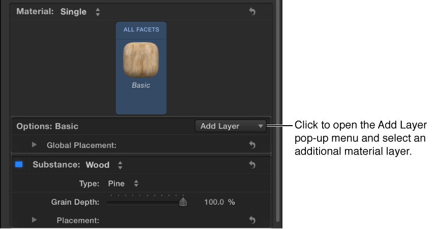 3D Text Inspector showing Material Add Layer pop-up menu