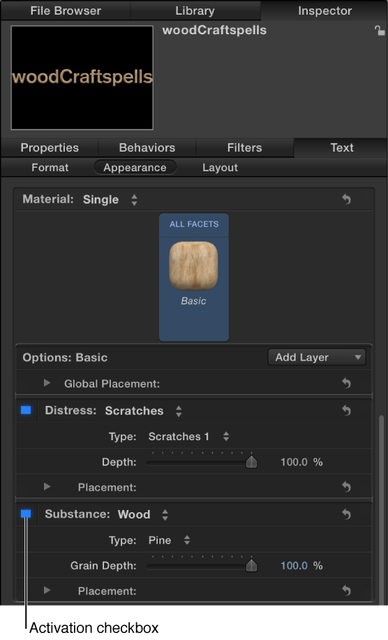 3D Text Inspector showing activation checkbox for a material layer