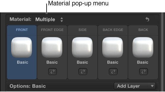 3D Text Inspector showing multiple materials pop-up menu