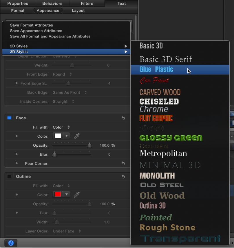 Inspector showing 3D Styles pop-up menu